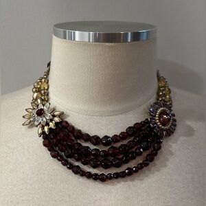 Vintage Multi-Strand Statement Necklace with Velvet Ribbon Accent, Burgundy